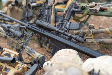 Gun weapons bags and bullets for Army marine corps soldier military war participating and preparing to attack the enemy in Thailand during Exercise Cobra Gold in battle. Combat force training.