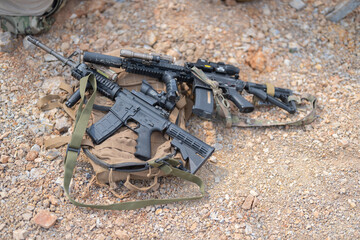 Gun weapons bags and bullets for Army marine corps soldier military war participating and preparing to attack the enemy in Thailand during Exercise Cobra Gold in battle. Combat force training.