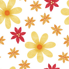 Watercolor floral seamless pattern. Red, yellow and orange flowers falling on white background. Raster illustration for fabric, packaging, textile, apparel, wallpaper