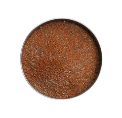 Bowl with brown food coloring isolated on white, top view