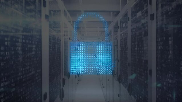 Animation of padlock and data processing over computer servers
