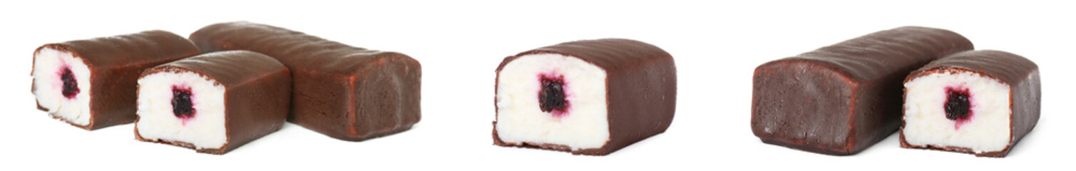 Collage with glazed curd cheese bars with berry jam filling on white background
