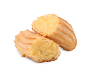 Cut fresh delicious eclairs isolated on white