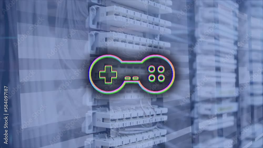 Poster animation of video game pad and data processing over screens
