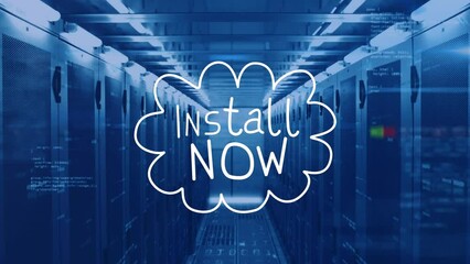 Animation of install now text and data processing over screens - Powered by Adobe
