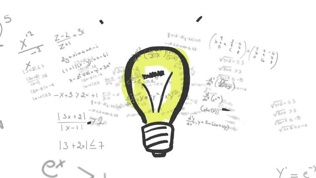 Animation of mathematical equations and data processing with light bulb over white background