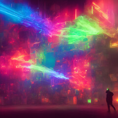 Fototapeta na wymiar Explosion of neon colors, on a utopian warehouse background