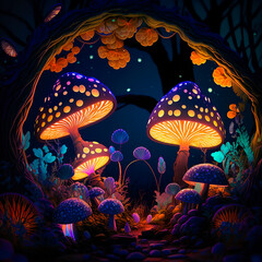 Fototapeta na wymiar Fantastic glowing mushrooms in a magical forest. Generative AI