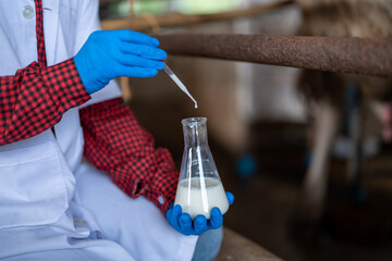 Young woman veterinarian satisfied with milk quality on dairy farm , Agriculture industry, farming...