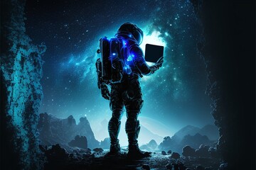 Fototapeta premium Fictional Astronaut Looking at his Tablet trying to Understand the Mission Generated by AI