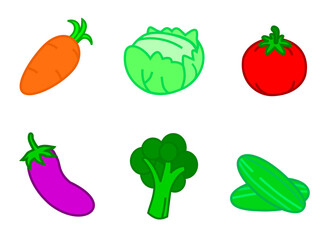 Simple and cute vegetable collection contains carrots, cabbage, tomato, cucumber, eggplant, and broccoli for illustration or education