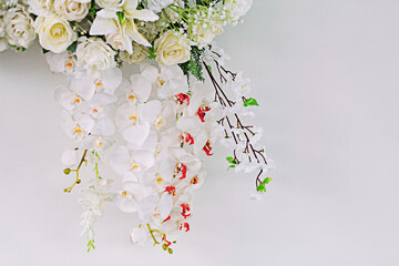 Flowers. White orchids, white background, copy space.