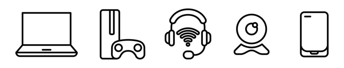 Conjunto de iconos de entretenimiento. Pasatiempos, estilo de vida. Dispositivos electrónicos, ordenador, videojuego, audio, cámara web, móvil. Ilustración vectorial