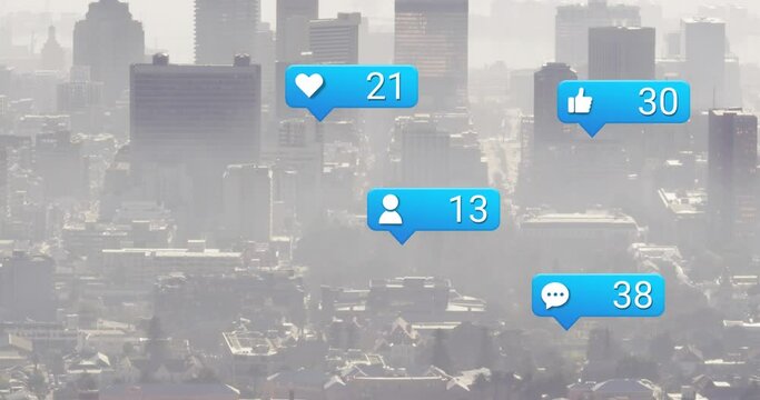 Animation of social media icona and data processing over cityscape