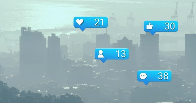 Animation of social media icona and data processing over cityscape
