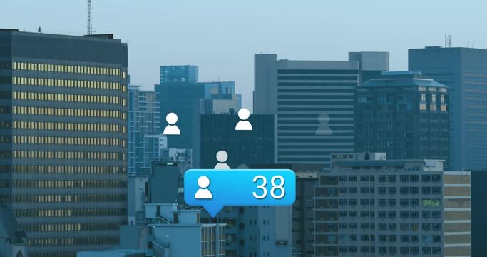 Animation of social media icona and data processing over cityscape