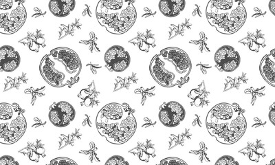 Seamless pattern of pomegranates with leaves. Vector hand drawn background with pomegranate fruits and leaves