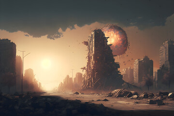 A city view destroyed by war and bombs concept. Cinematic Ligh 