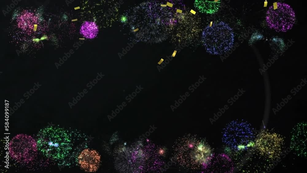 Sticker Animation of fireworks exploding and gold confetti falling over black background