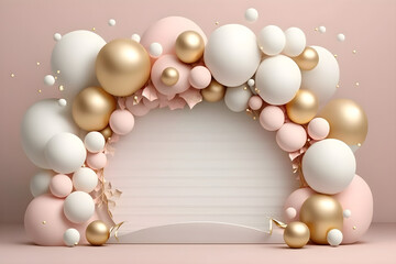 Obraz na płótnie Canvas Balloon garland decoration elements. Frame arch for wedding, birthday, baby shower party celebration. Pastel pink, white and gold banner background with round empty space. 3d render illustration