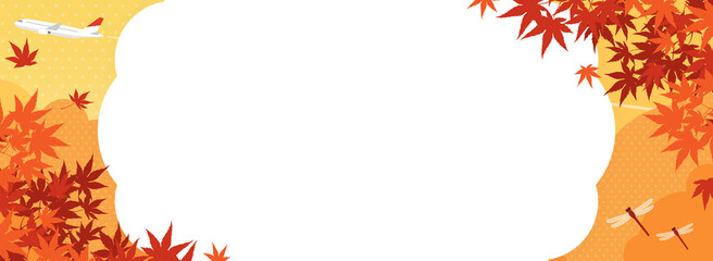秋の紅葉と飛行機、赤とんぼの飛ぶ風景　フレーム・背景素材（バナー向け横長） © Katie（カチエ）