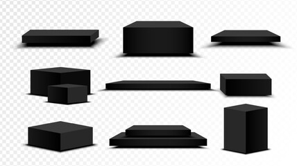 Set of Black square base. Collection of podium stand isolated on transparent background. Stage empty for decor product, advertising, show, contest, award, winner. Platform studio. Vector illustration.