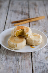durian cookies, bakpia durian on the table
