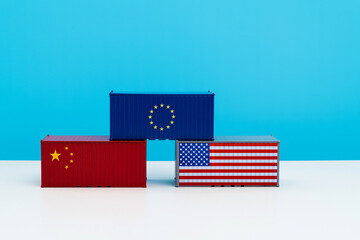 Cargo container with Chinese, USA and EU flag