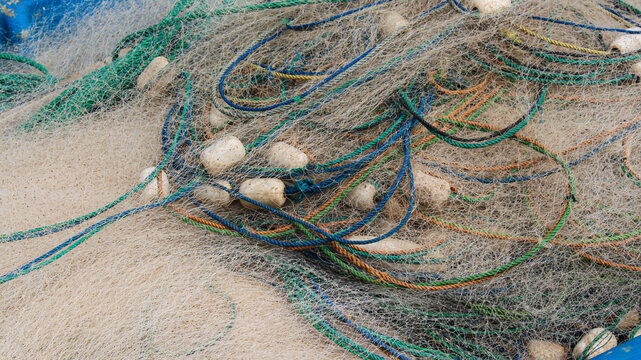 Fishing net with floats in the boat. Fisheries.
