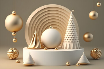 3d render illustration with christmas symbols staying on the round white platform. Light ball, lamp garland and metallic gold cone in modern design scene. Festive template for social media