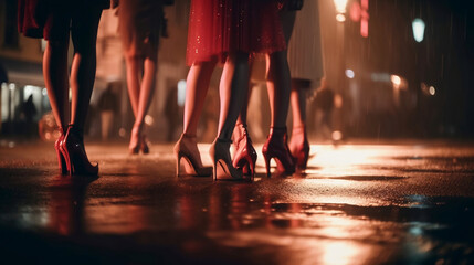 A group of dressed-up women with sexy legs waiting on a wet footpath at night. Low-angle view of legs in high heels with dresses. Created with generative AI. - obrazy, fototapety, plakaty