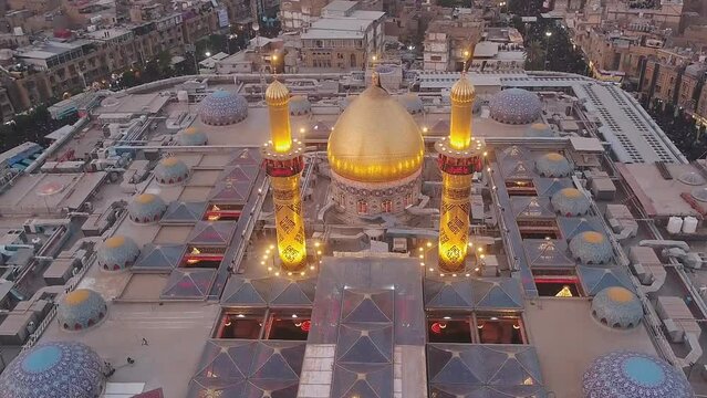 Mosque al-Abbas is one of the largest mosques in the world and one of the main shrines among Shia Muslims. Located in the eastern part of the city of Karbala in Iraq. (aerial photography)