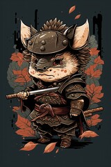 Chibi Anime Illustration of Wild Boar in Japanese Samurai Armor: Playful Adorable Design Featuring Cute Animal in Traditional Battle Gear, Perfect for Manga Fans (Generative AI