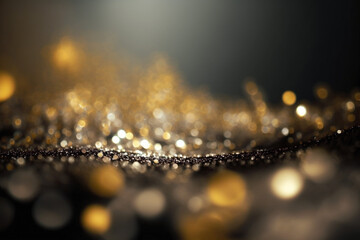 gold and silver colored glowing glow bokeh out of focus particles and lights and waves.  Abstract glamour high tech technology background. Generative AI
