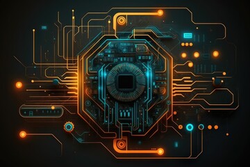 computer circuit board CPU close-up microchips glowing lights and lines, concept background, generative ai