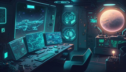 Alien ship control room ship generative ai illustration 