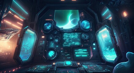 Alien ship control room generative ai illustration 