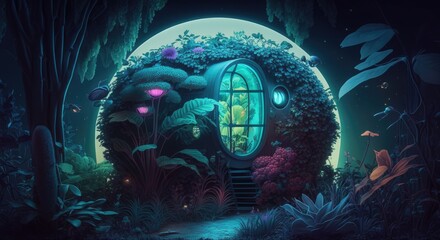 Garden living within a home surrounded by Forest generative ai illustration