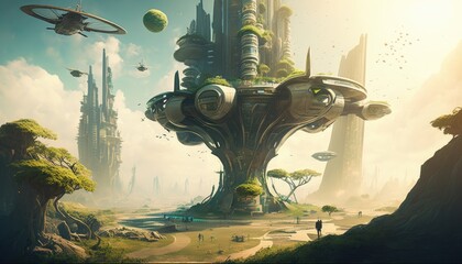 Futuristic Green city landscape terraformed planet sci-fi theme and scene generative ai illustration 