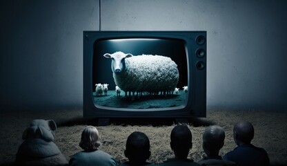 Concept of propaganda and fake news, TV addiction. Sheepd watching TV in dark room. Politicians manipulate the population. Created with Generative AI - obrazy, fototapety, plakaty