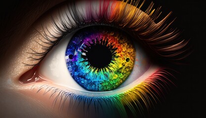 Female eye with colorful pupil. Close up of rainbow eye. Created with generative ai