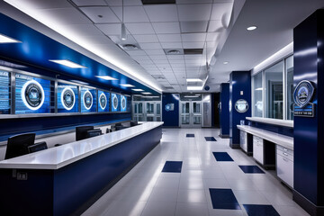 Modern police department interior. Fictitious emblems and text. Generative AI