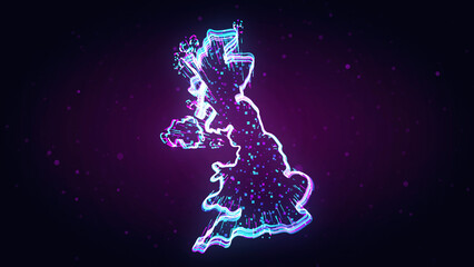 Purple Blue Shiny United Kingdom Map 3d Lines Effect With Square Dots Particles On Dark Purple Glitter Dust Background