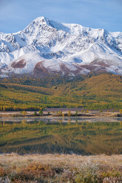 Altai lake Dzhangyskol on mountain plateau Eshtykel. Grass is covered by hoarfrost. Altai, Siberia, Russia