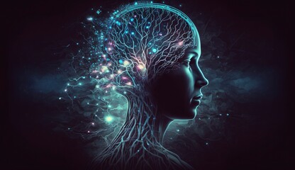 Human head with glowing neurons in brain. Esoteric and meditation concept. Connection with other worlds. Creates with Generative AI
