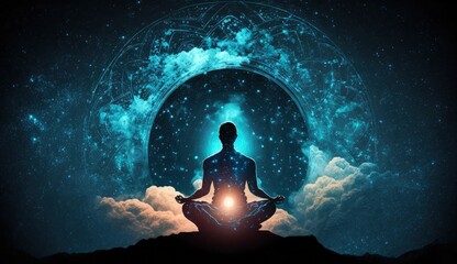 Astral body silhouette in lotus pose practicing yoga against cosmic background. Meditation, connection with other worlds. Spiritual life and esoteric concept. Created with Generative AI