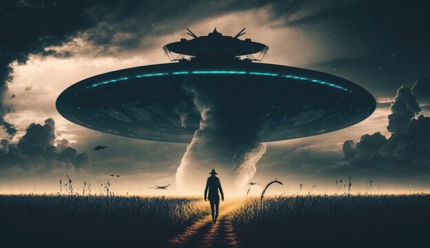 Flying saucer flies at night in sky oversilhouette of man standing in field. Invasion of extraterrestrial intelligence on an intergalactic ship. Alien abduction. Created with Generative AI