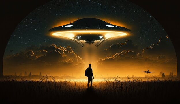 Flying saucer flies at night in sky oversilhouette of man standing in field. Invasion of extraterrestrial intelligence on an intergalactic ship. Alien abduction. Created with Generative AI