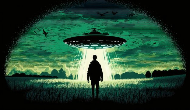 Flying saucer flies at night in sky oversilhouette of man standing in field. Invasion of extraterrestrial intelligence on an intergalactic ship. Alien abduction. Created with Generative AI