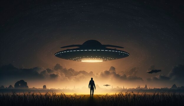 Flying saucer flies at night in sky oversilhouette of man standing in field. Invasion of extraterrestrial intelligence on an intergalactic ship. Alien abduction. Created with Generative AI